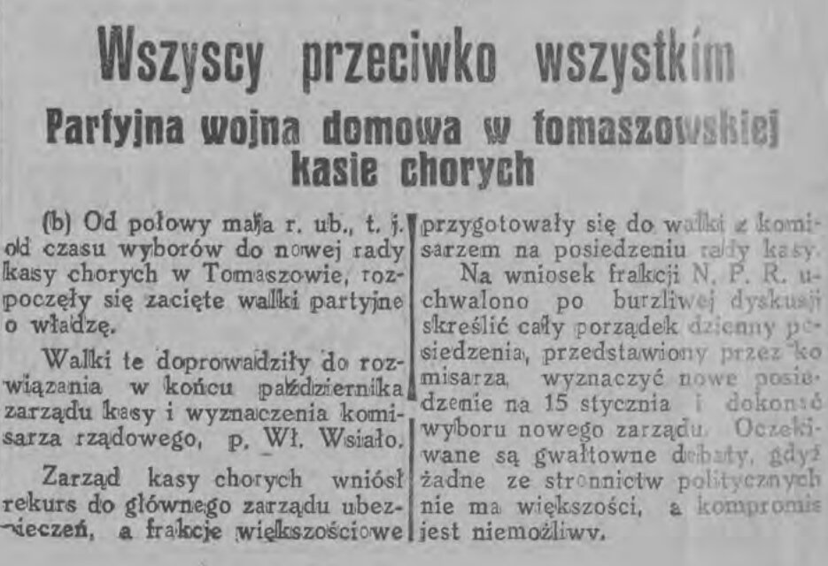 Artykuł prasowy z wielkim nagłówkiem „Wszyscy przeciwko wszystkim” i podtytułem „Partyjna wojna domowa w tomaszowskiej kasie chorych” nad dwiema kolumnami tekstu