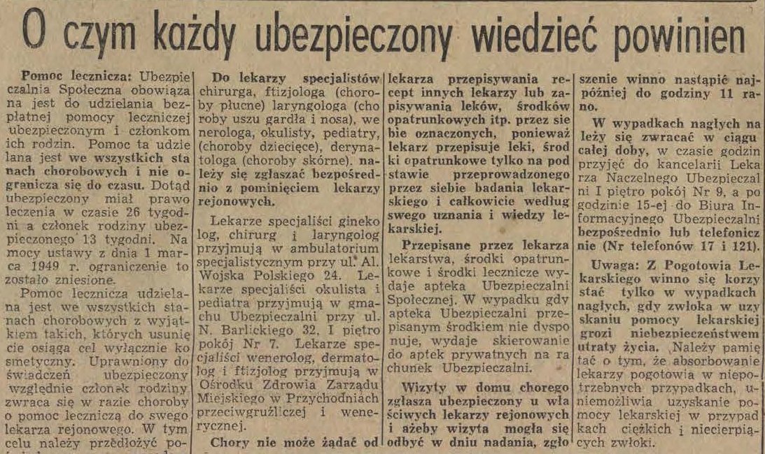 Górna część artykułu prasowego z wielkim nagłówkiem „O czym każdy ubezpieczony wiedzieć powinien” nad czterema kolumnami drobnego druku