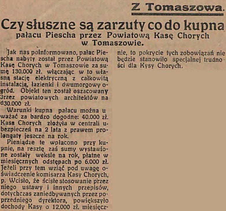 Artykuł prasowy z pogrubionym nagłówkiem „Czy słuszne są zarzuty co do kupna pałacu Piescha przez Powiatową Kasę Chorych w Tomaszowie” nad dwiema kolumnami tekstu, pod rubryką „Z Tomaszowa”