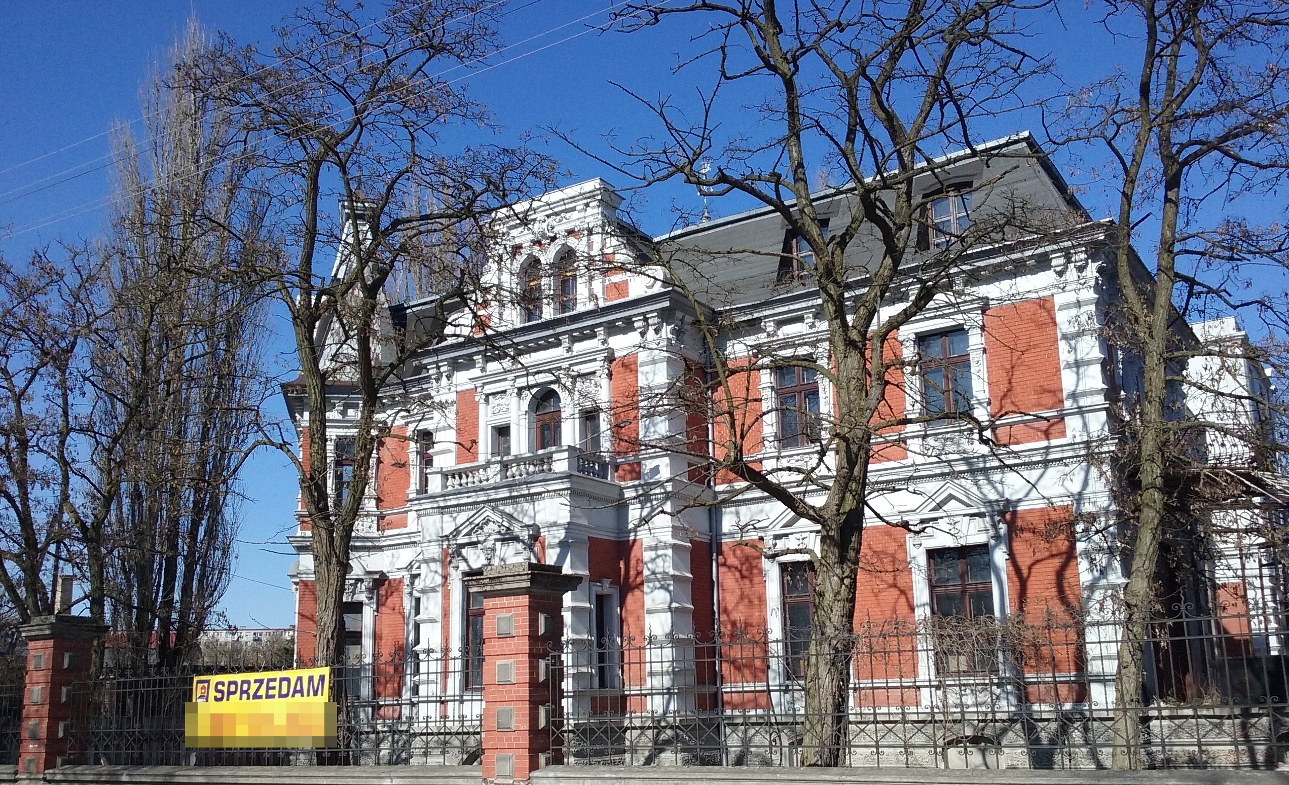 Fotografia pałacu od frontu, wiosna 2019: kompletny dach, wieża z hełmem, wszystkie elewacje stojące, tynk przebarwiony, na ogrodzeniu baner „SPRZEDAM”