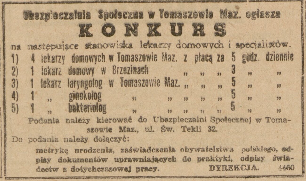 Ramka ogłoszenia prasowego: nagłówek „Ubezpieczalnia Społeczna w Tomaszowie Maz. ogłasza konkurs”, pięć pozycji stanowisk lekarskich, adres „ul. Św. Tekli 32” i podpis „Dyrekcja”